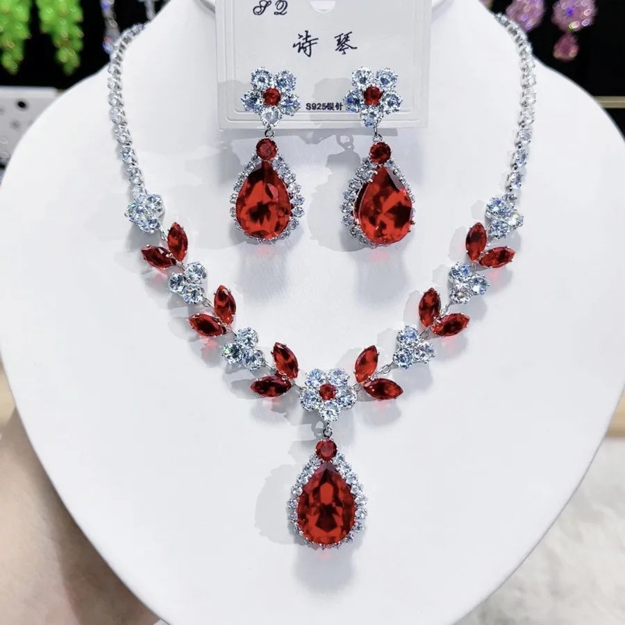 K081 High End Women Exquisite Luxurious Flower Water Drop Zircon Bridal Necklace Earrings Set Wedding Elegant Jewelry Set