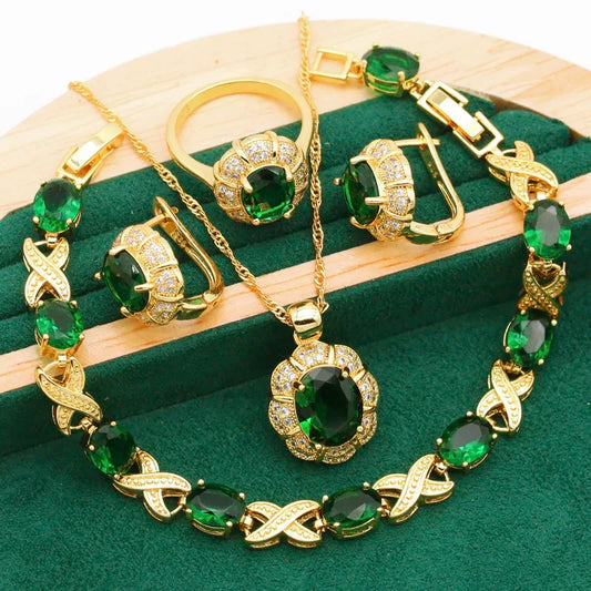Women's Gold Plated Wedding Jewelry Set Green Blue Emerald Including Hoop Earrings Bracelet Pendant Necklace Ring for Parties