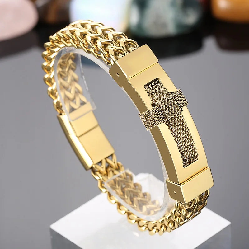 KALEN Men 220mm Silver/Gold/Black Stainless Steel Vintage Herringbone Bracelet With Cross Charm