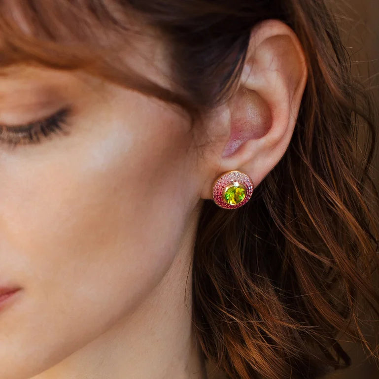 Colorful Gradient Round CZ Stud Earring 5A Cubic Zirconia Bling Women Fashion Pink Blue Purple Crystal Jewelry