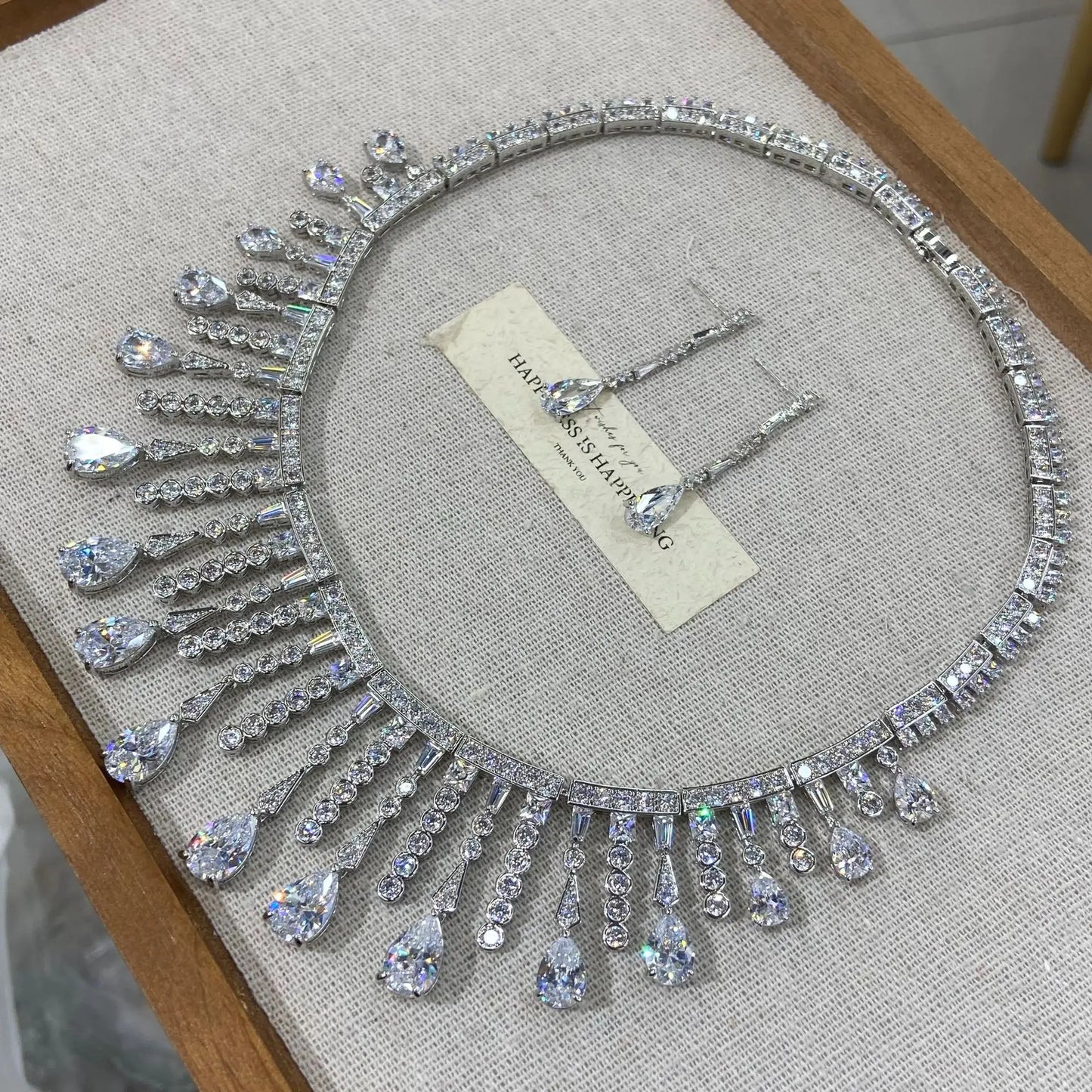 Luxury White Zirconia Tassel Necklace & Earrings Set — Rhodium Plated