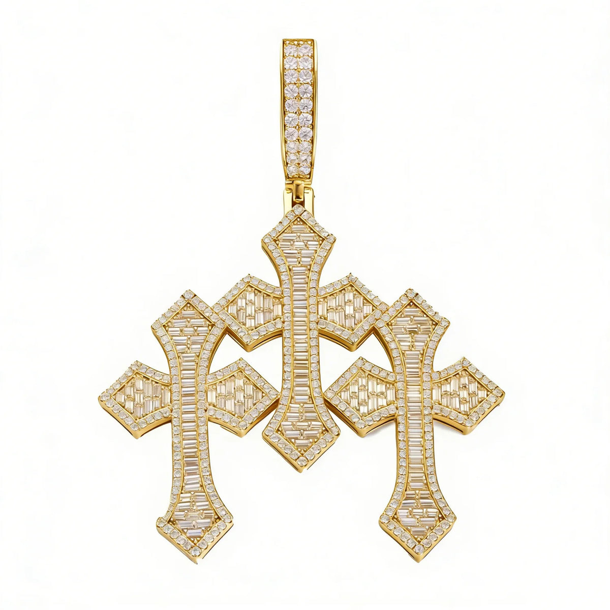Sparkling Religious Jewelry Hip Hop Mens 18K Gold Plated Brass AAAAA Baguette CZ Diamond Iced Out Triple Cross Pendant