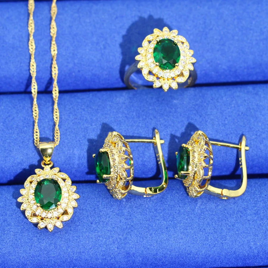 XOTICA Women's Gold Plated Classic Style Jewelry Set with Green Zircon Includes Earrings Necklace Pendant Ring for Wedding or Party