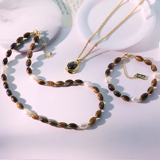 Natural Pearl Oval Tiger Eye Stone Pendant Necklace Bracelet New Design Creative Set Banquet Gift Women's Jewelry GS0220