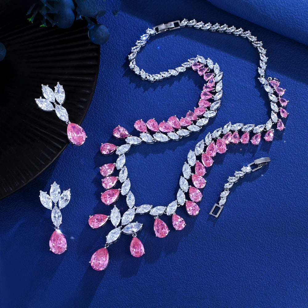 Super Luxury Cubic Zirconia Water Drop Shape Necklace and Earrings Wedding Bridal White Pink Jewelry Set for Women