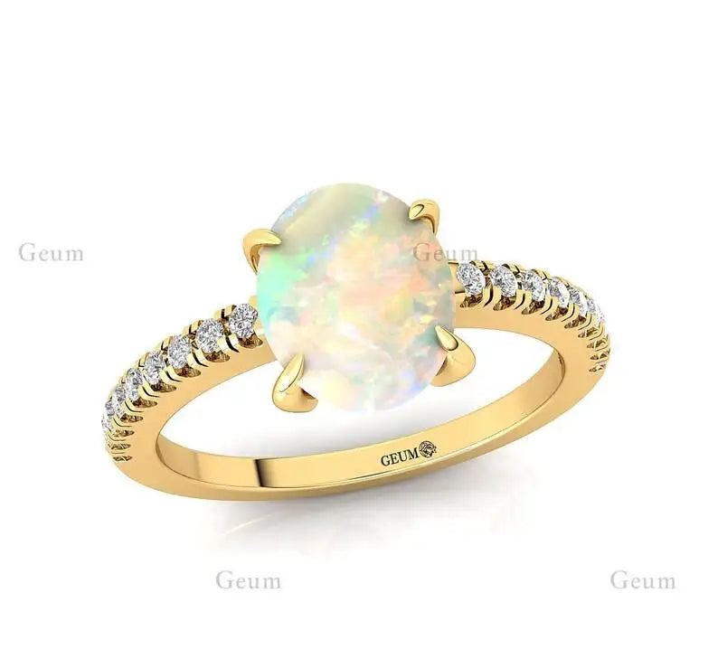 Unique Design Oval Shape Natural Ethiopian Opal Gemstone Ring Pure 14K Gold Rhodium Plated Adorned Genuine IGI Diamonds