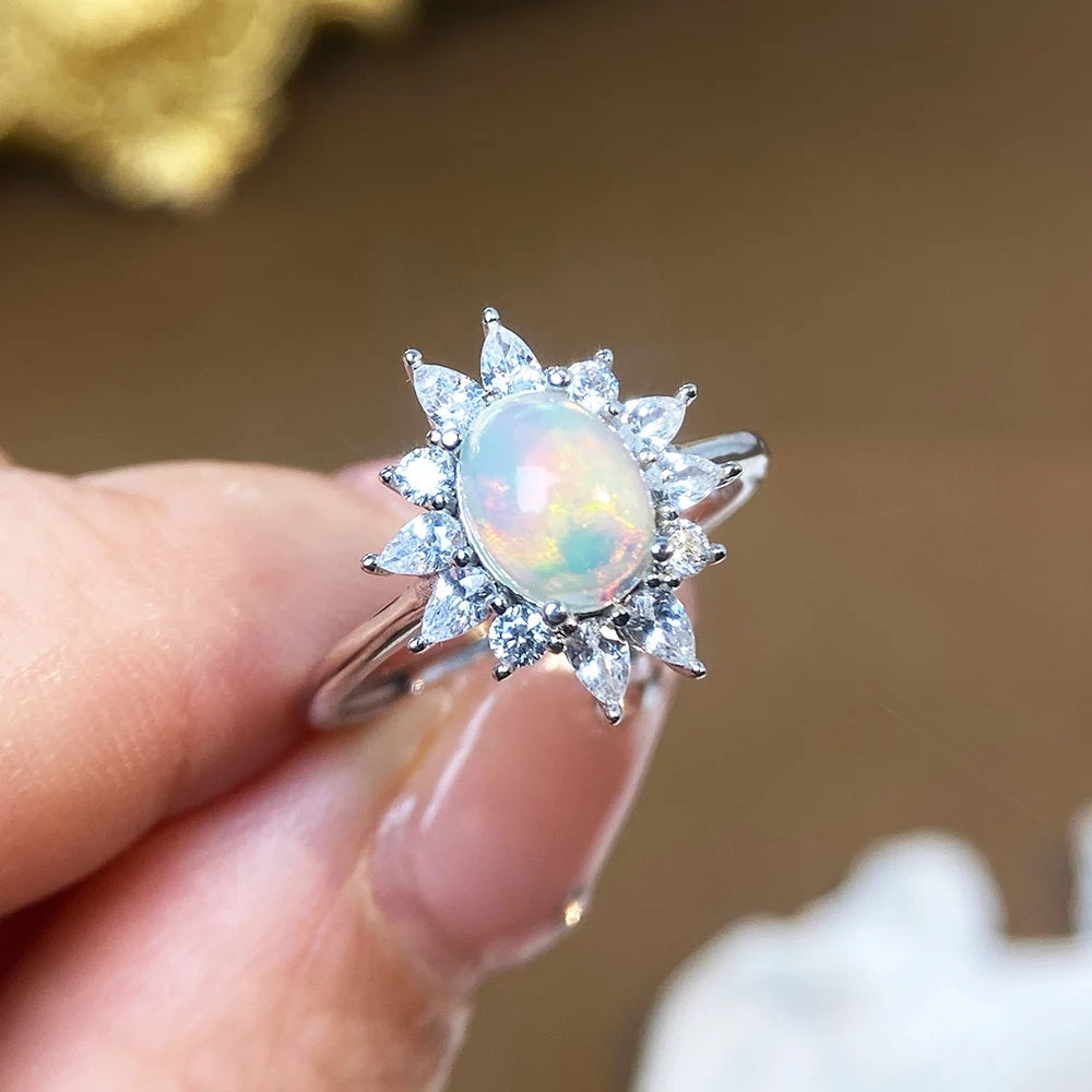 Gioiellieri High Quality Natural Opal Rhodium Plated Luxury 925 Sterling Silver Prong Set Certified Gemstone Ring for Women Everyday Wear
