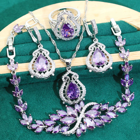 2024 New Purple Zirconia 925 Silver Women's Jewelry Sets Wedding Earrings Rings Pendant Necklace-for Parties Engagements