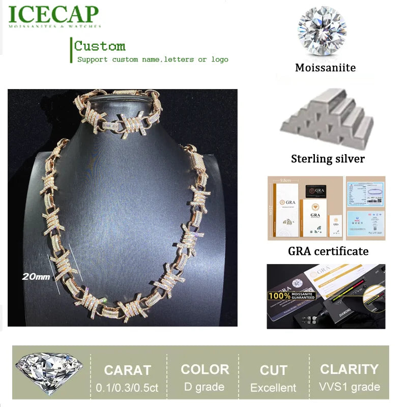 REBEL Icecap 20mm Personalized Cuban Chain Jewelry Set Iced Out VVS Moissanite Diamond Necklace and Bracelet for Rapper Hip Hop Chain