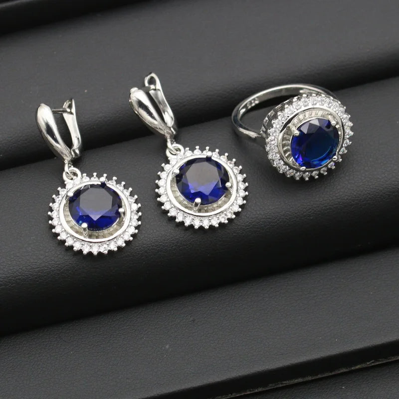 XOTICA Silver 925 Women's Wedding Jewelry Set with Circular Royal Blue Zircon Earrings Necklace Pendant Ring Bracelet Halloween Gift