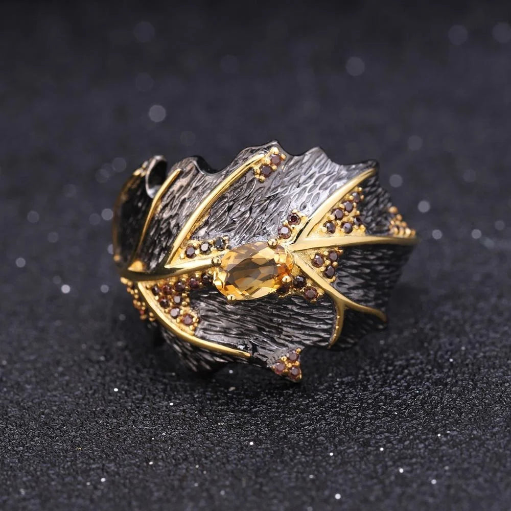 ArtistA Abiding Designer Leaf Shape Ring Earring Brooch Necklace Gold Plated Natural Citrine 925 Sterling Silver Bridal Jewelry Set