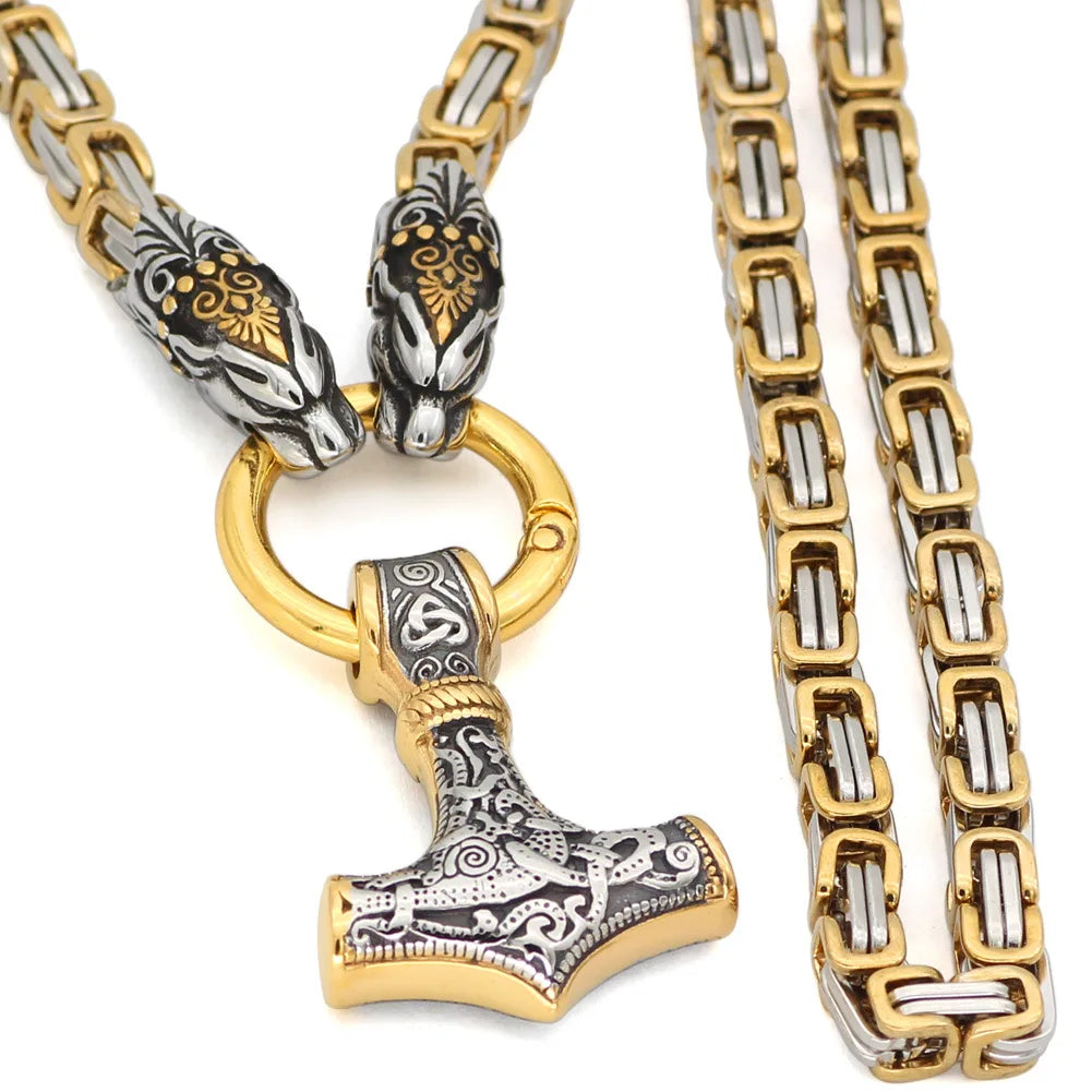 REBEL VIKING Fenrir Wolf Head & Mjolnir Thor Hammer Pendant King Chain Necklace – Stainless Steel