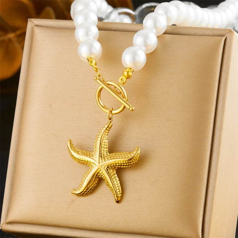 Women's French Vintage Design Pearl Chain Gold-plated OT Clasp Stainless Steel Scallop Starfish Pendant Bracelet Necklace Set