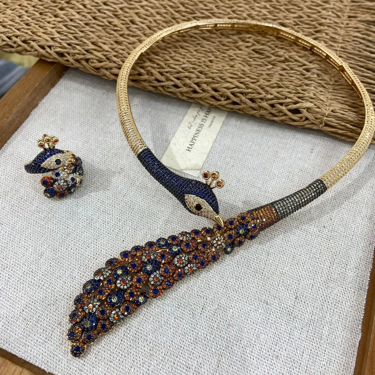 Luxury Peacock Multicolour Zirconia Gold-Plated Choker Necklace & Ring Set