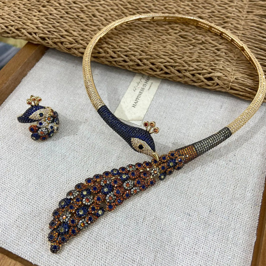 Luxury Peacock Multicolour Zirconia Gold-Plated Choker Necklace & Ring Set