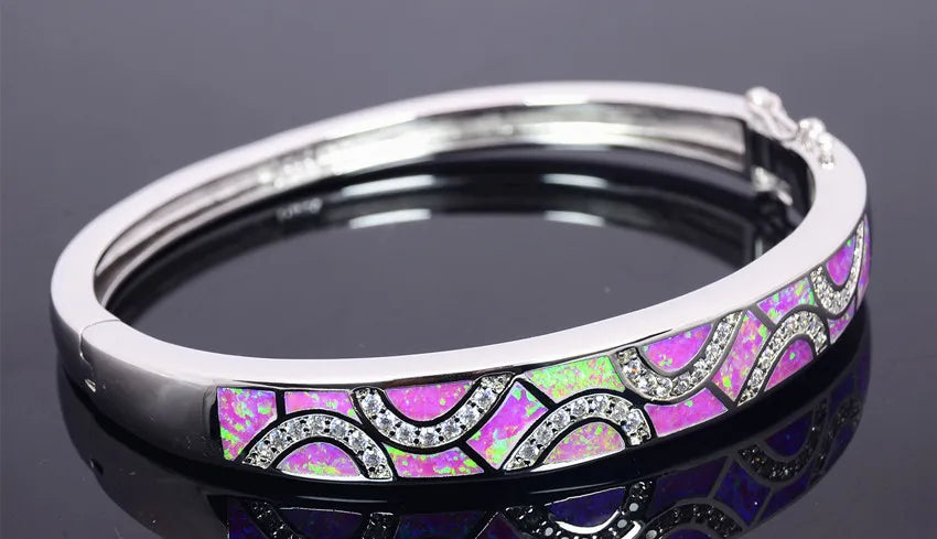 Shimmering Opal Bangle Aobao Greek Key Geometric Design Silver Tone Jewelry