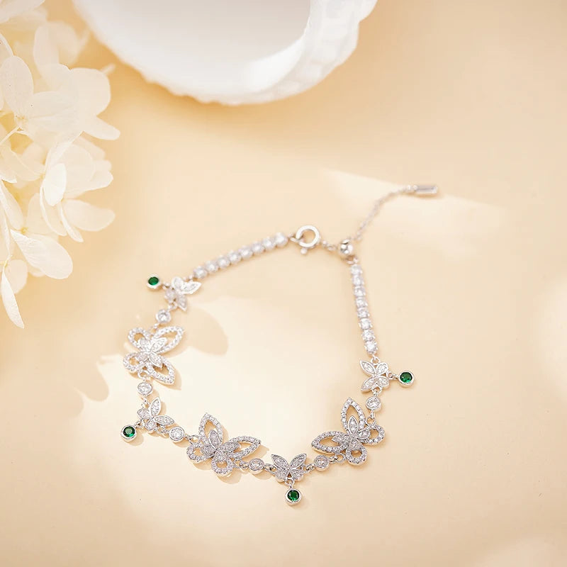 Brass Plated Gold Inlaid Zircon Colorful butterfly Necklace Earrings Bracelet Women's Banquet High-end Suit