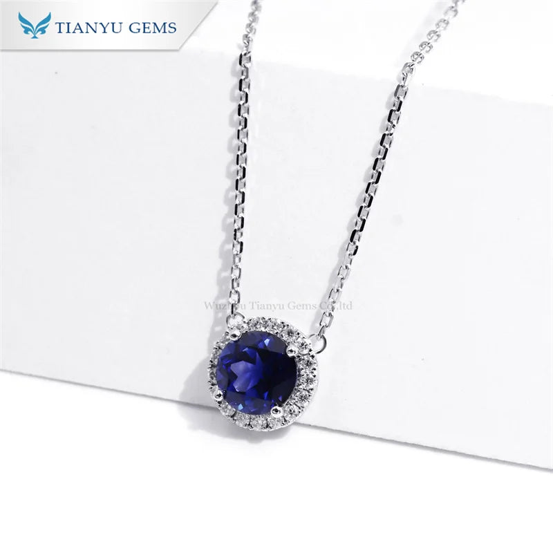 Gemfiori Tianyu Gems Solid Gold Pendant Necklace Ladies 6mm Lab Grown Blue Sapphire 1.2mm VVS Moissanite Choker Pendant Necklace 14K