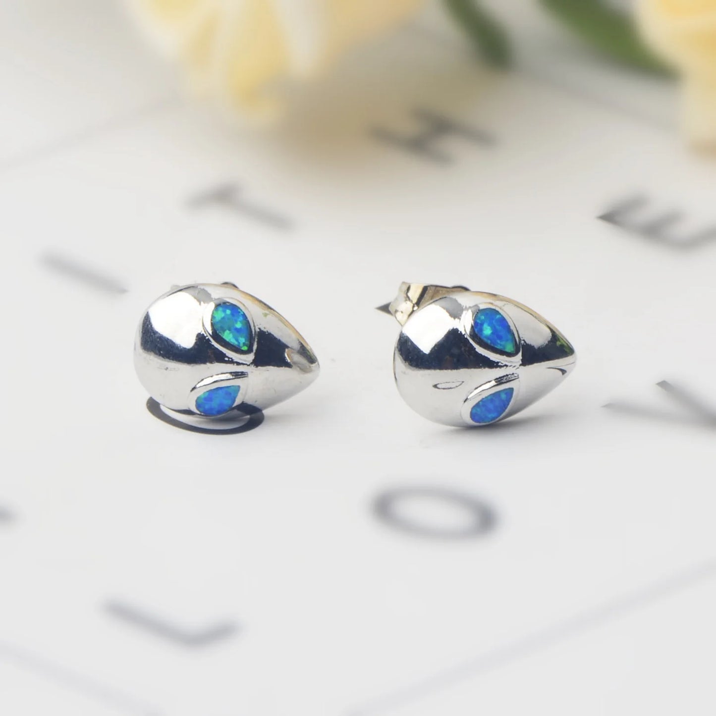 Whimsical Alien Opal Stud Earrings - Blue Fire Opal Eye Detail Design | Playful Daily Jewelry Bulk Gifts