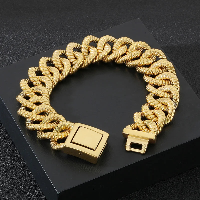 REBEL 215mm Men Punk Stainless Steel Rope-Shaped Cuban Links Bracelet