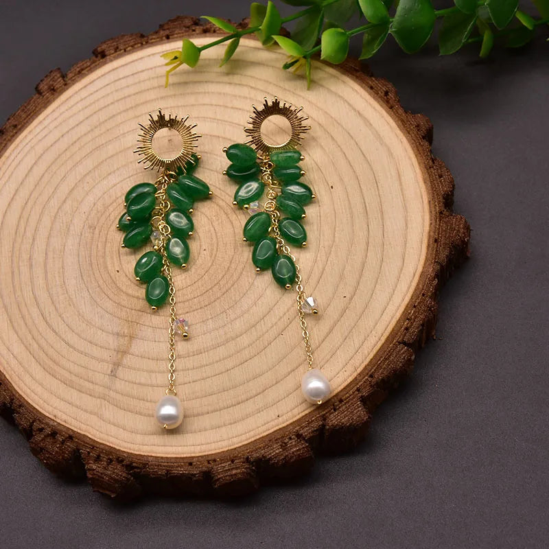 Natural Freshwater Pearl Long Drop Earrings Green Jade Stud Earrings for Women Vintage Designer Luxury Jewelry Accessories