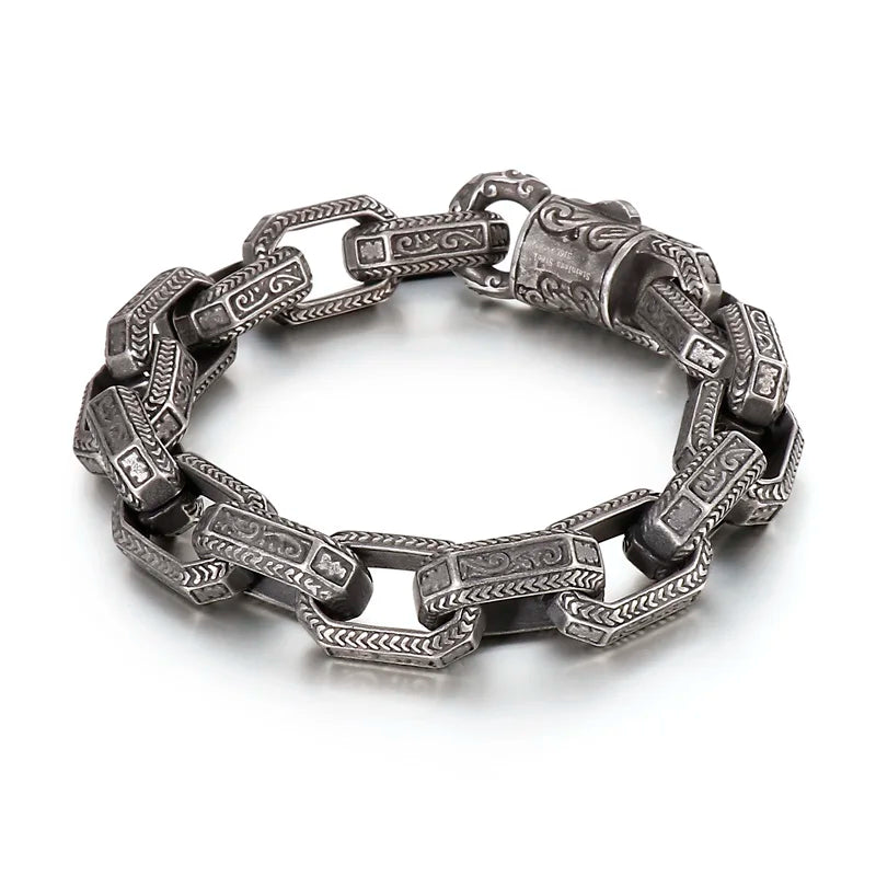VIKING Mens Vintage Geometric Chain Bracelet – Silver & Ancient Silver Stainless Steel