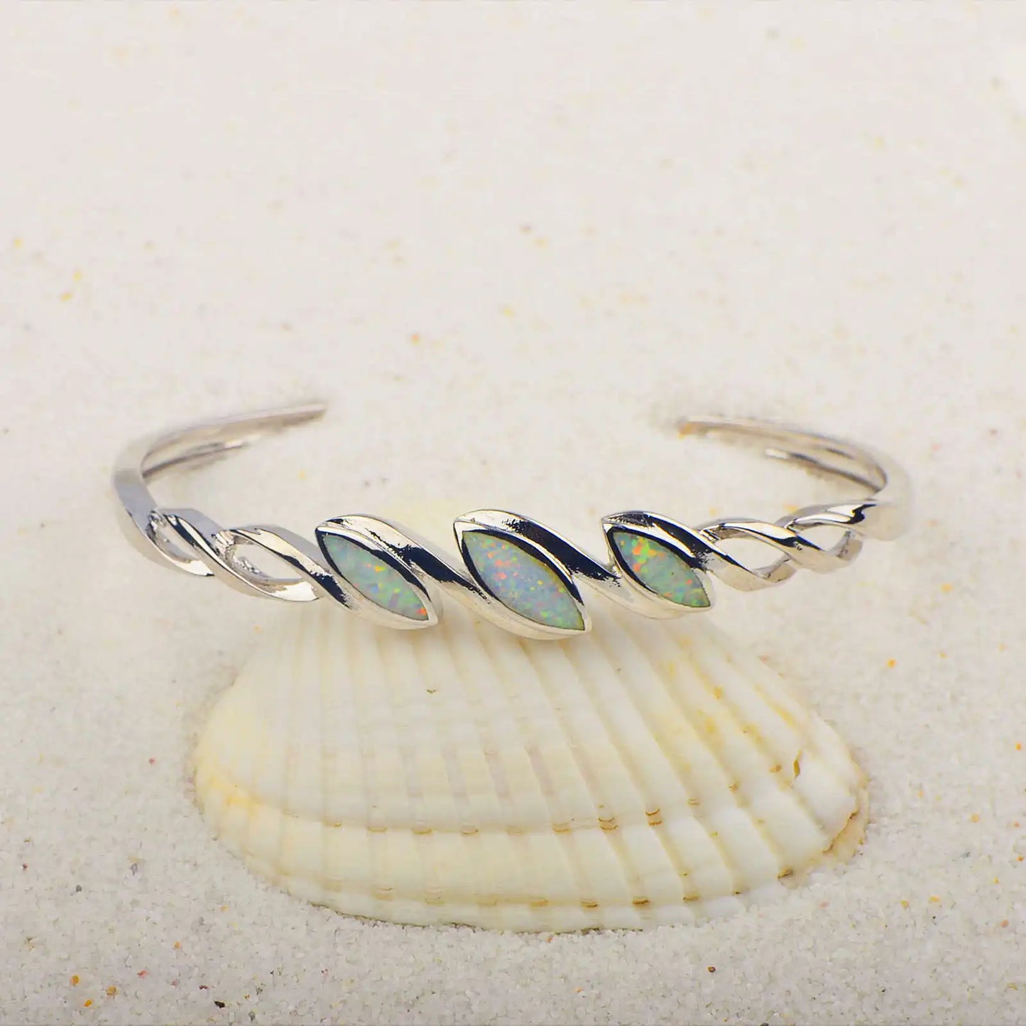 Coastal Retro Opal Cuff - Braided Design Blue Sparkle Open Bracelet