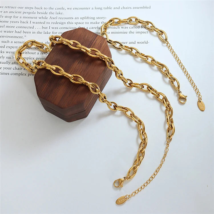 S&S Fasion Luxury Jewellery Women Copper Jewelry Set Thick Link Chain Necklace and Bracelet Hip Hop Trend Simple Gift Opp Bag