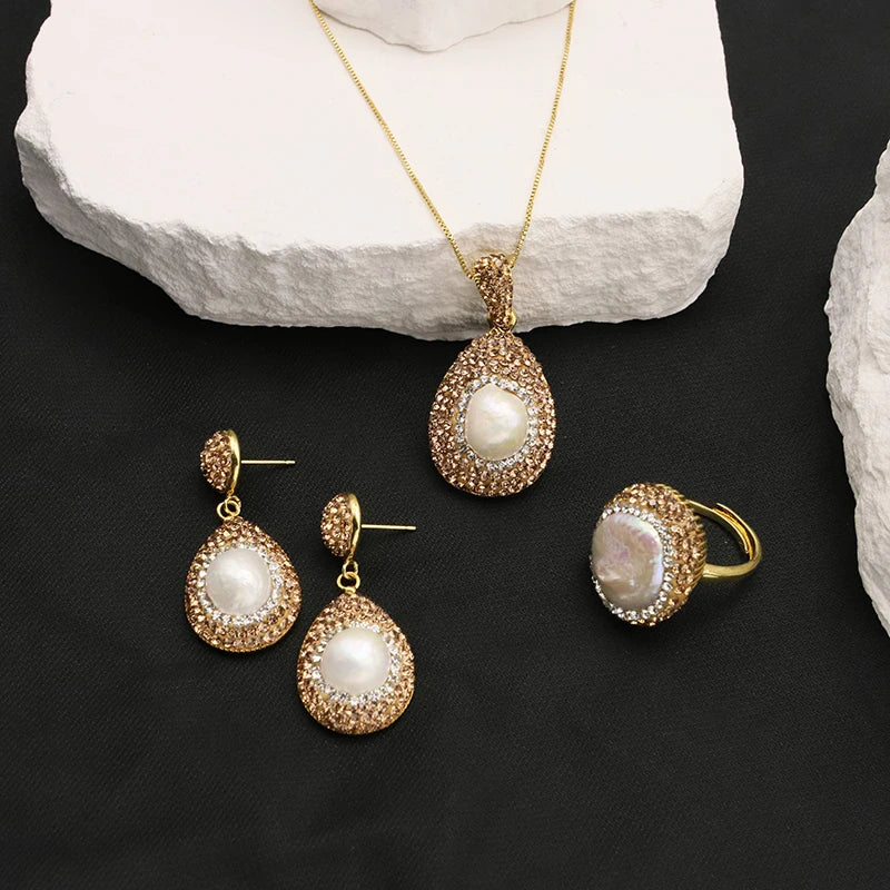 XOTICA Natural Baroque Pearl 18K Gold Plated Women's Gift Jewelry Necklace Bracelet Earrings Fashion Designer Jewelry Set