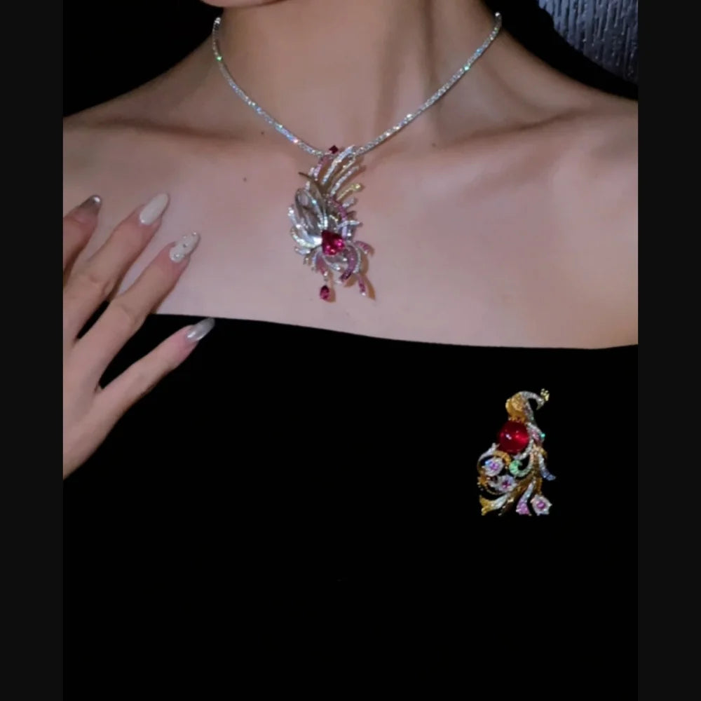 Luxurious Jewelry Multi-functional 18K Solid Gold Natural Tourmaline Phoenix Brooch Colored Gemstone Women's Wedding Gift Party