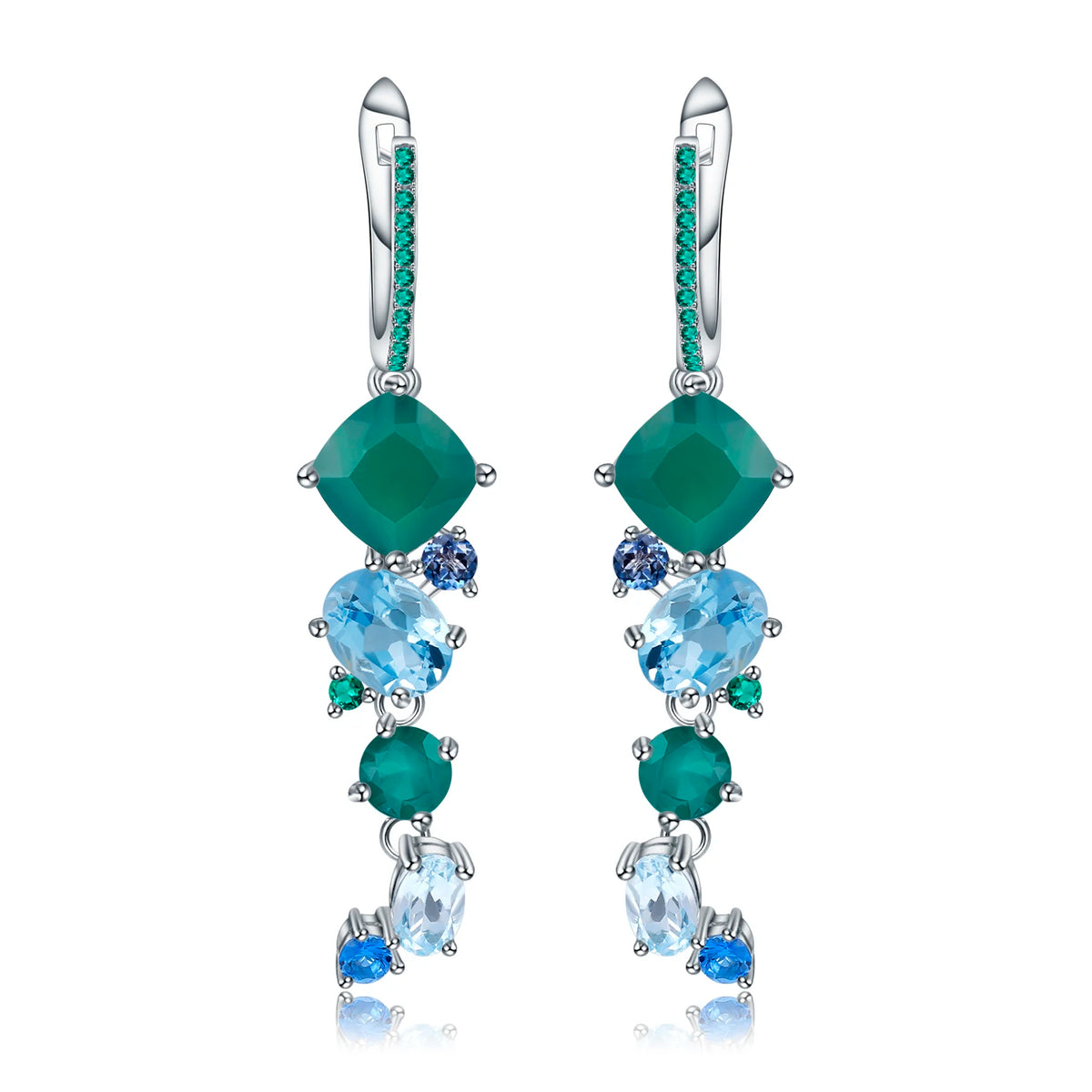 ArtistA Abiding Luxury Cluster Setting Silver Natural Green Agate Blue Topaz Multi-Stone Y-Necklace Ring and Dangle Drop Earrings Set