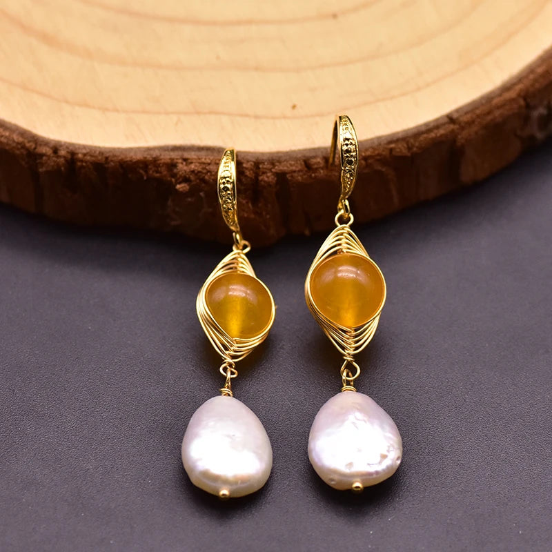 Natural Baroque Pearls Dangle Earring Yellow Jade Jewelry for Women Girl Birthday Gift  Earrings Bulk