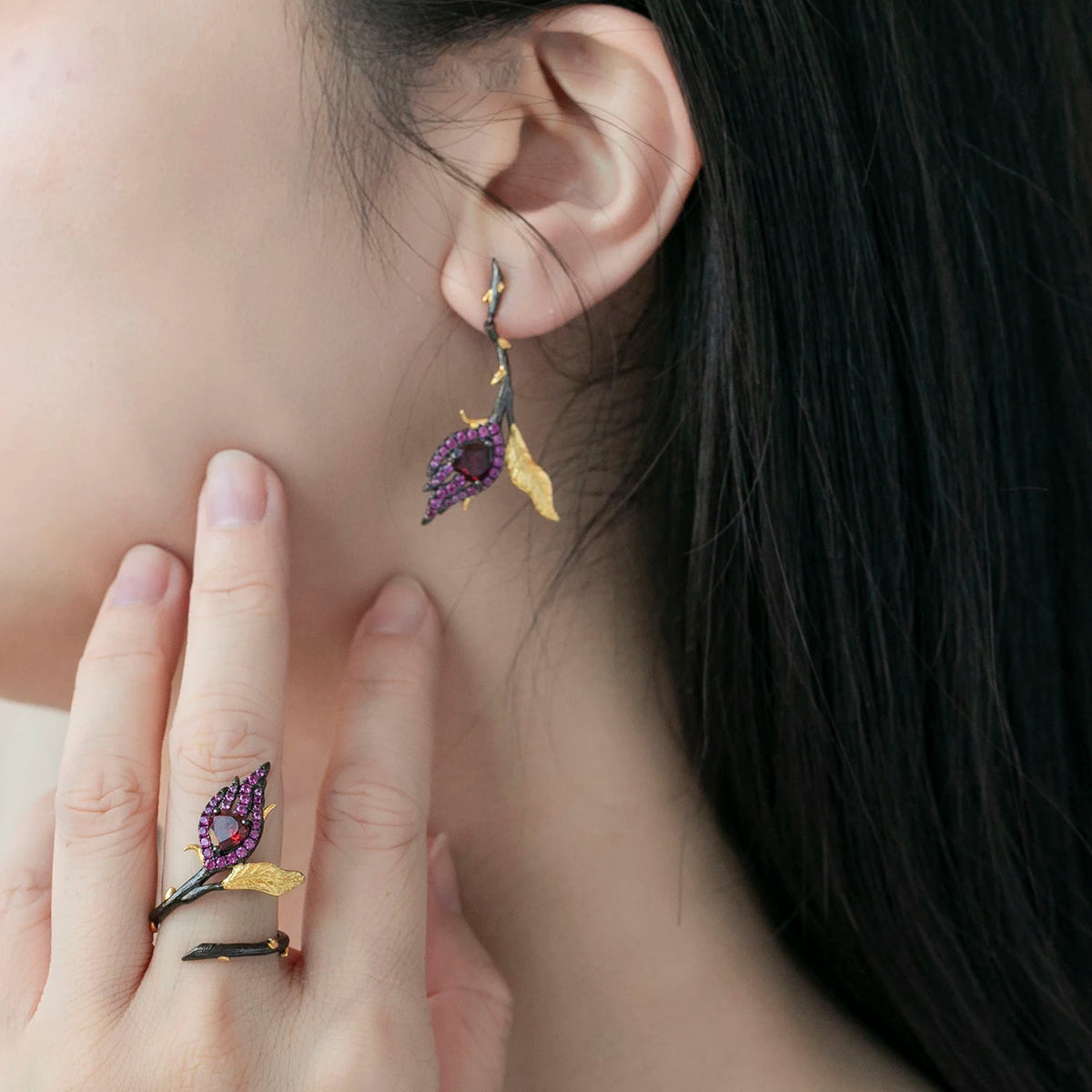 ArtistA Abiding Handmade Romantic Heart Shape Inspired Natural Amethyst Ring Pendant Earrings 925 Silver Women Jewelry Set for Mom Wife