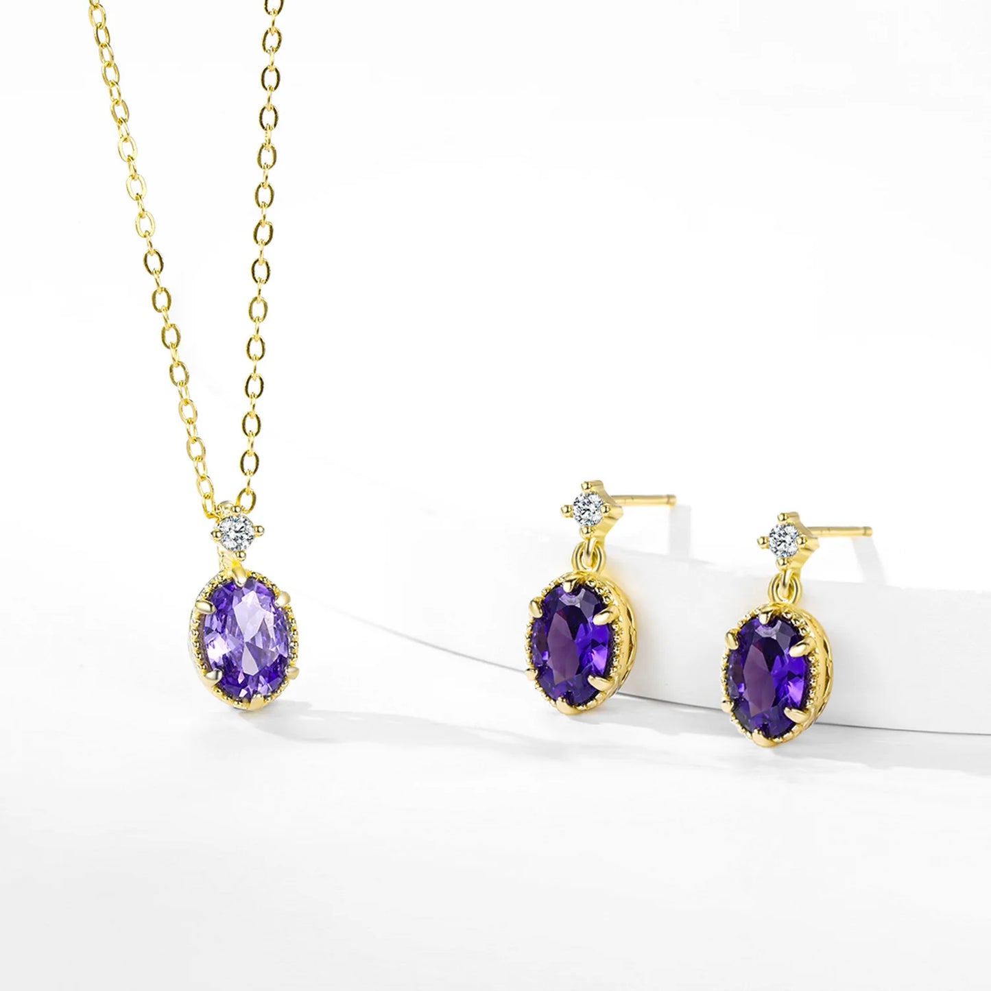 925 Sterling Silver Goose Egg Shaped Purple Necklace Earrings Vintage Style Gold Jewelry Set Gift Set