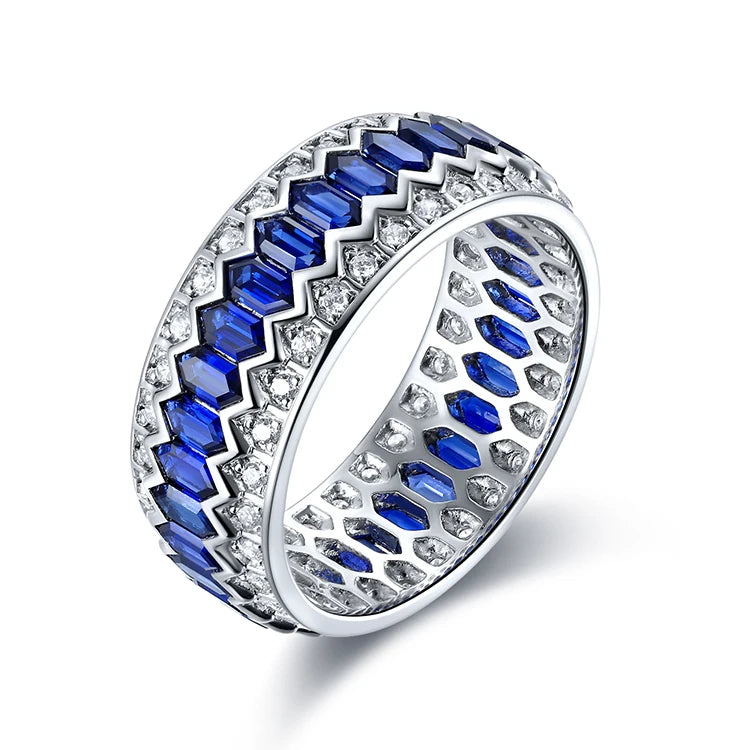 Gemfiori Vivid Blue Lab Grown Sapphire Eternity Band 100% Sterling Silver Ring for Gift Party Jewelry