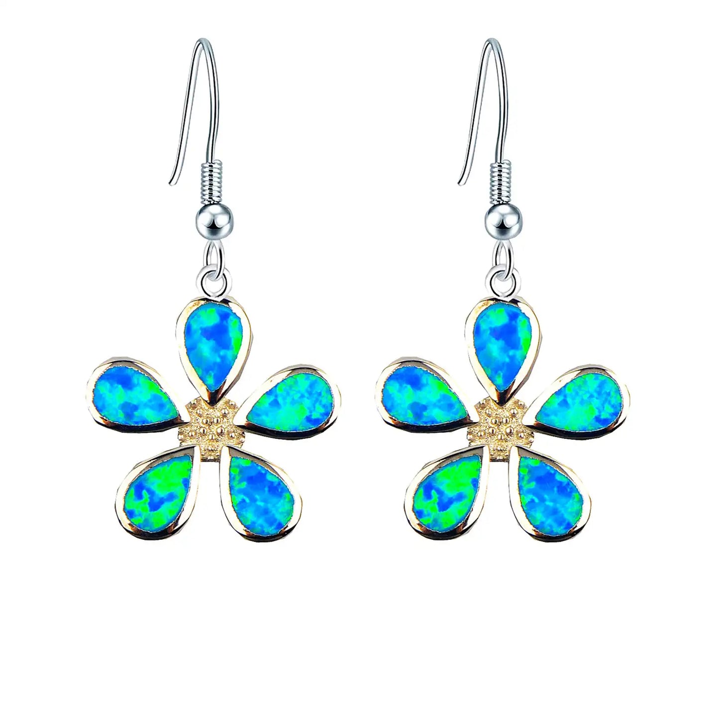 Dual-Tone Flower Opal Drop Earrings - Blue Fire Opal Petals & Gold-Accent Center Design | Whimsical Daily Jewelry Bulk Gifts