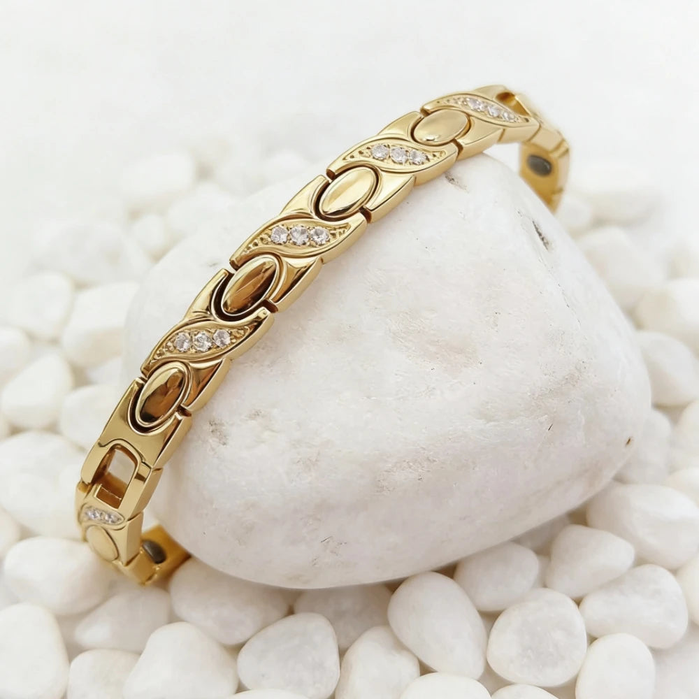 Elegant 24K Gold Plated Stainless Steel Magnetic Bracelet for Women Sparkling Cubic Zircon Stylish Wrist Jewelry Daily Wear Gift