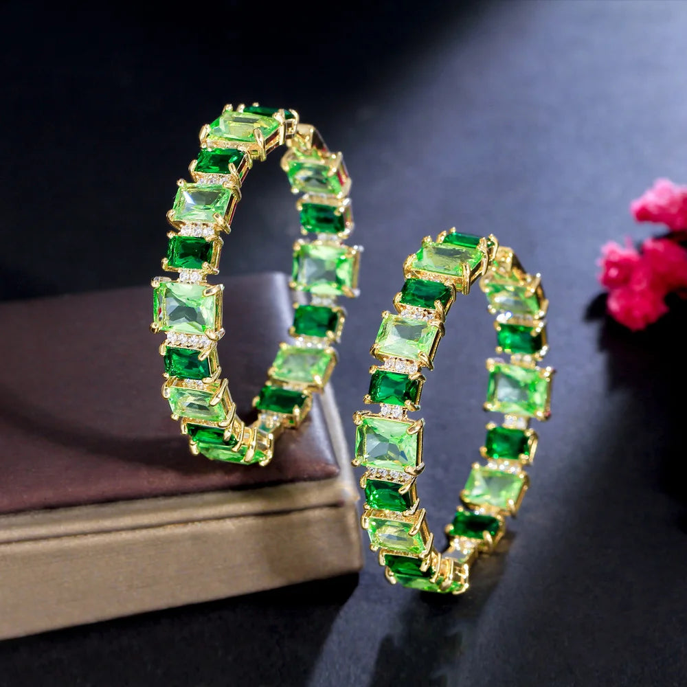 S&S Light Green Square CZ Oversized Hoop Earrings – Brazilian Gold Plated – Collection