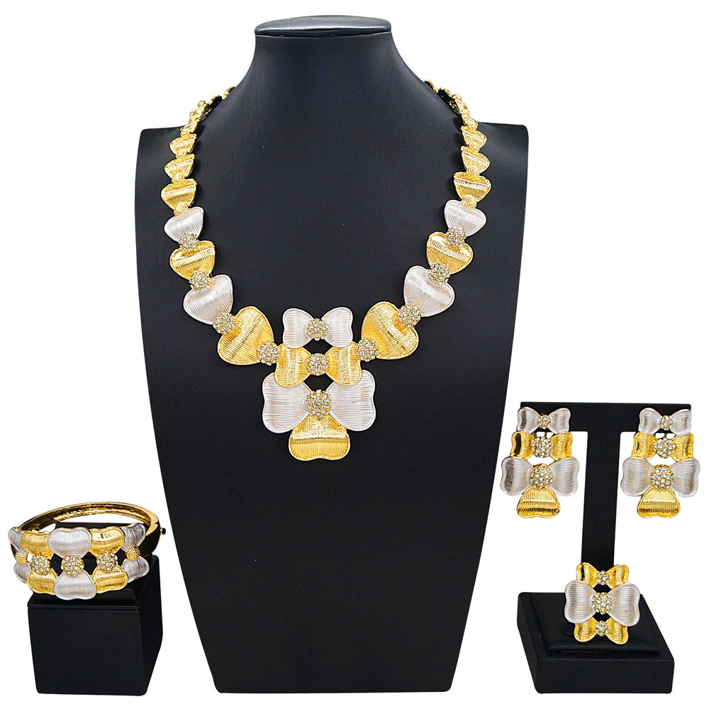 Zhuerrui Handmade Gold Plated Jewelry Set Retro Flower Design Necklace Earring Bracelet Set for Bridal Wedding Party I008520-2