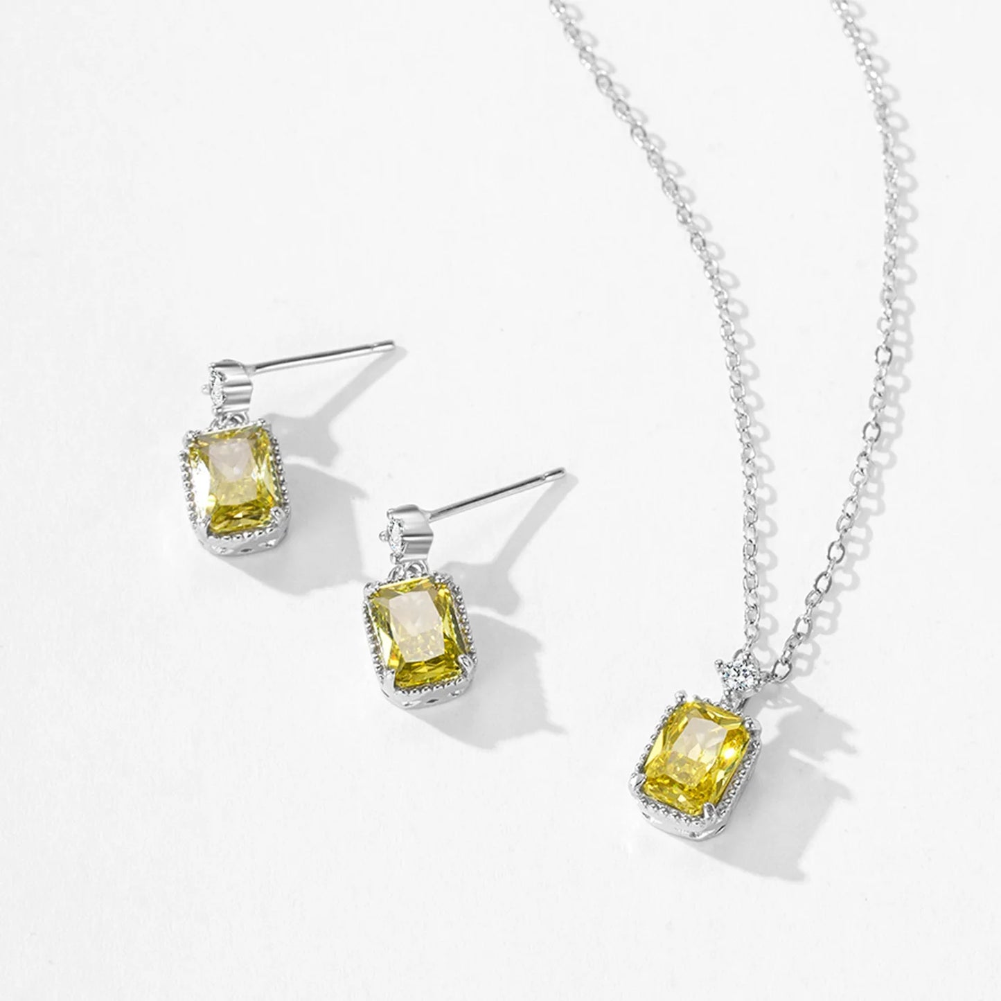 925 Sterling Silver Luxury Olive Yellow Diamond Pendant Necklace Earrings Elegant Fashion Jewelry Set Gift Set