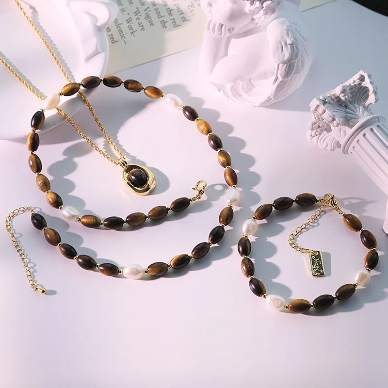 Natural Pearl Oval Tiger Eye Stone Pendant Necklace Bracelet New Design Creative Set Banquet Gift Women's Jewelry GS0220