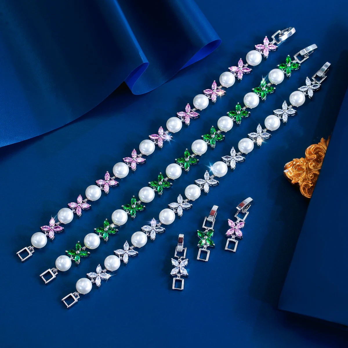 S&S CZ Flower & Leaf Chain Link Bracelet – Pink, Green & White – Collection