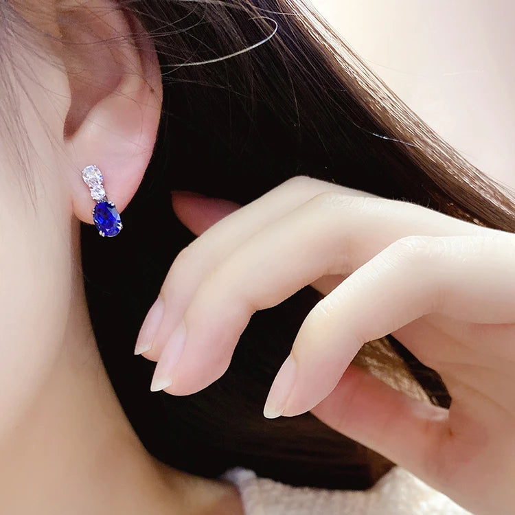 BiG-BOSS S925 Silver Oval Cut Lab Grown Sapphire Blue Color Gemstone Drop Earrings for Women