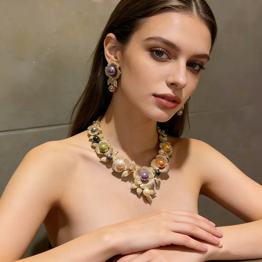 XM S206 Platinum Plated Gold Tone Multi Color Imitation Pearl Flower Statement Necklace Earrings Set for Anniversary Gift