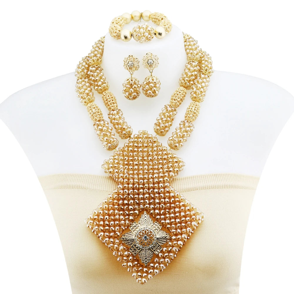 Zhuerrui Traditional Nigerian Red Bead Necklace Set Gold-Plated African Jewelry Embellished with Crystals for Parties YL111