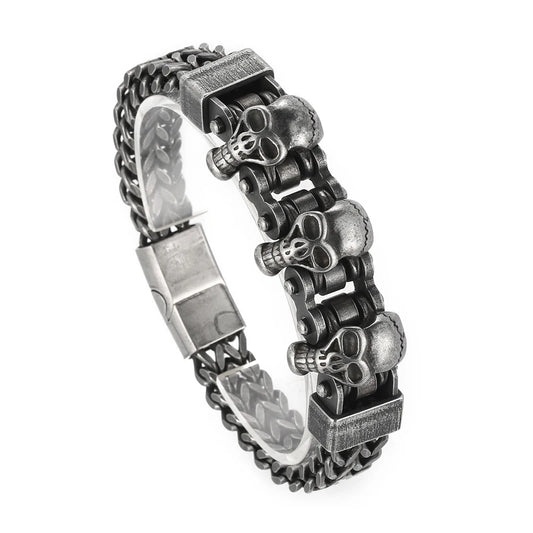 KALEN 220mm Punk Triple Skull Charms Stainless Steel Herringbone Chain Bracelets for Men