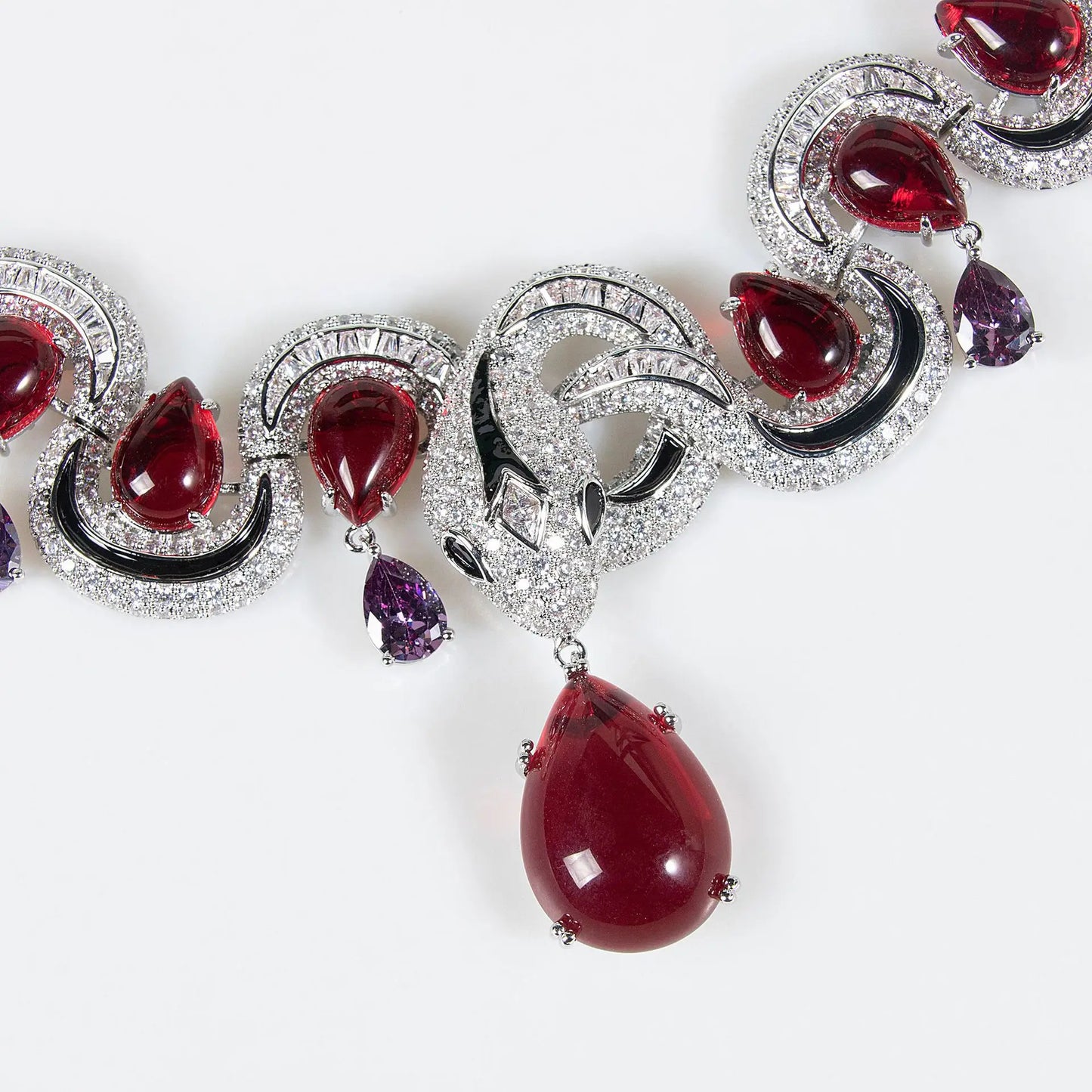 High Quality Luxury Jewelry Sets Elegant Rhodium Plated Ruby Red Cubic Zirconia Necklace Earring Sets for Wedding Party