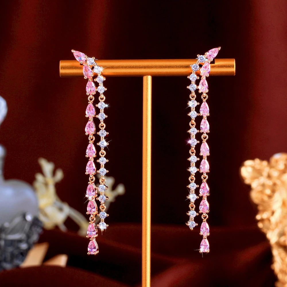 S&S Pink CZ Long Tassel Ear Line Drop Earrings – 7cm Gold Plated – Collection