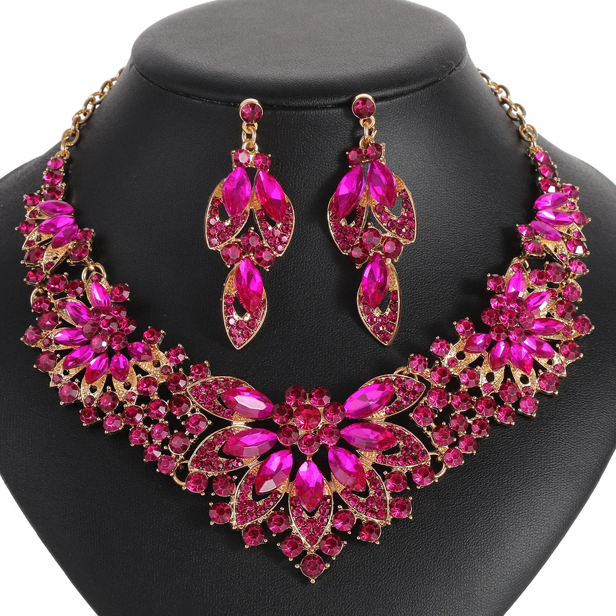 Retro Leaves & Flowers Crystal Necklace & Earrings Set | Exaggerated Luxury Bridal Jewellery | 10 Colours