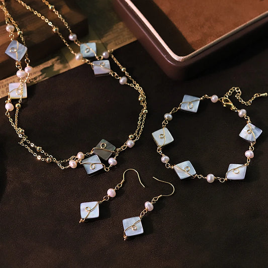 Natural Pearl Rhombus Shell Sterling Silver Ear Hook Necklace Bracelet Luxury Design Women's Jewelry Set Accessories GS0209